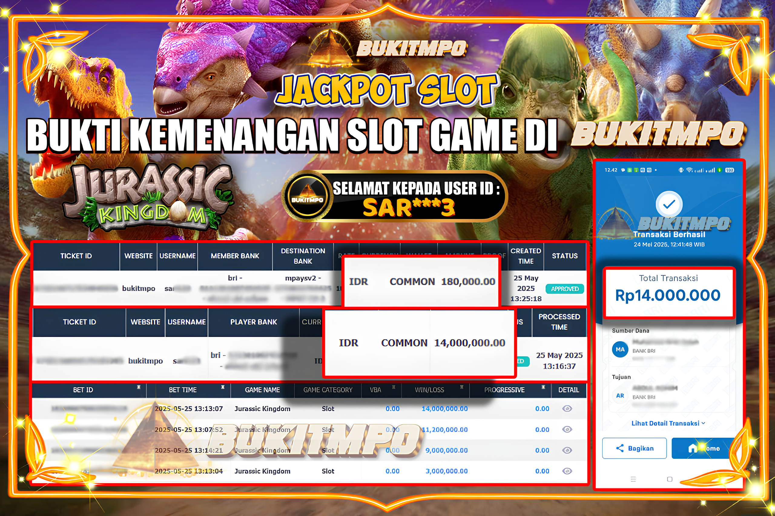BUKITMPO JACKPOT SLOT Jurassic Kingdom Rp.14.000.000,- LUNAS